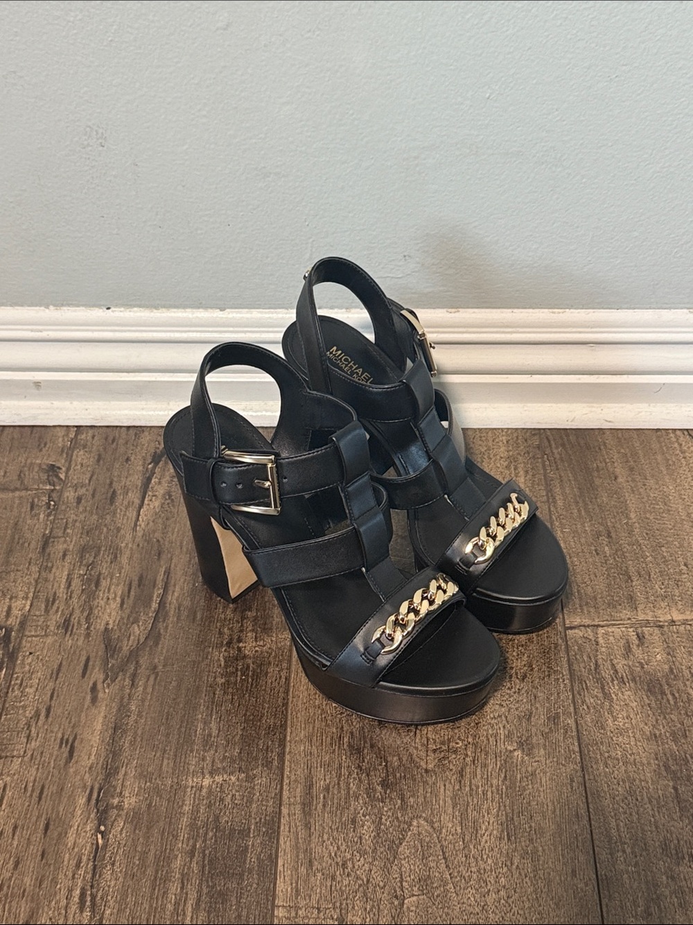 Michael Kors Black Platform Sandals with Gold Chain